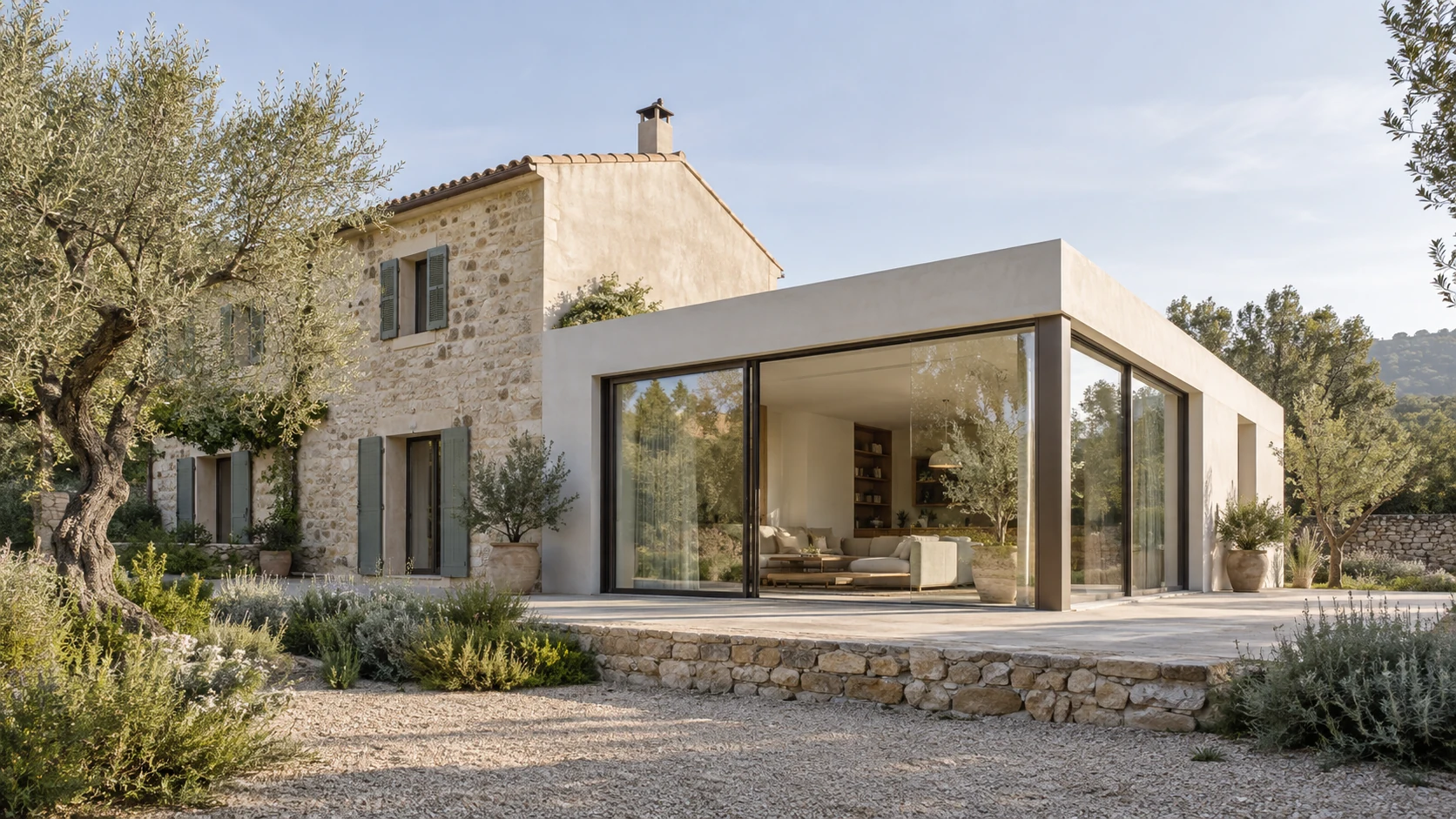 Visualización de una casa de piedra con una ampliación acristalada abierta al jardín