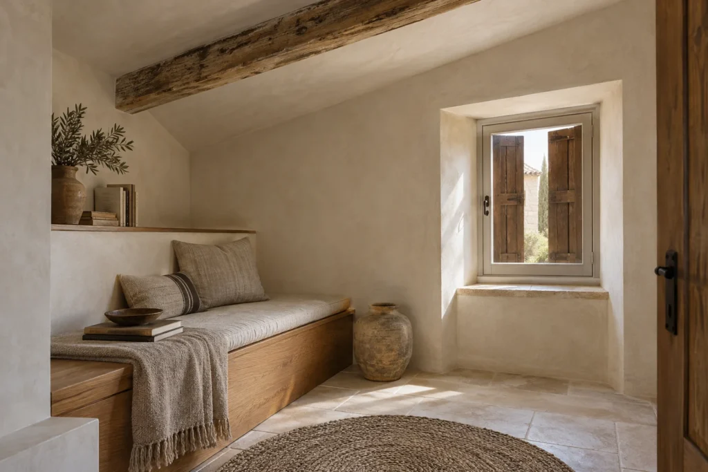 Concepto de rincón de lectura bajo cubierta con ventana profunda y acabados naturales