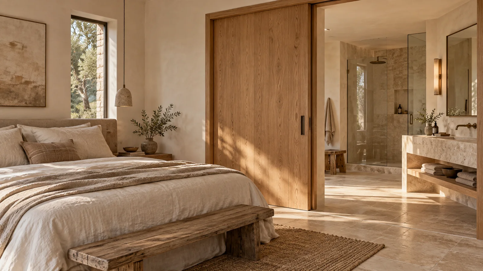 Concepto de dormitorio conectado a un baño con separación de madera