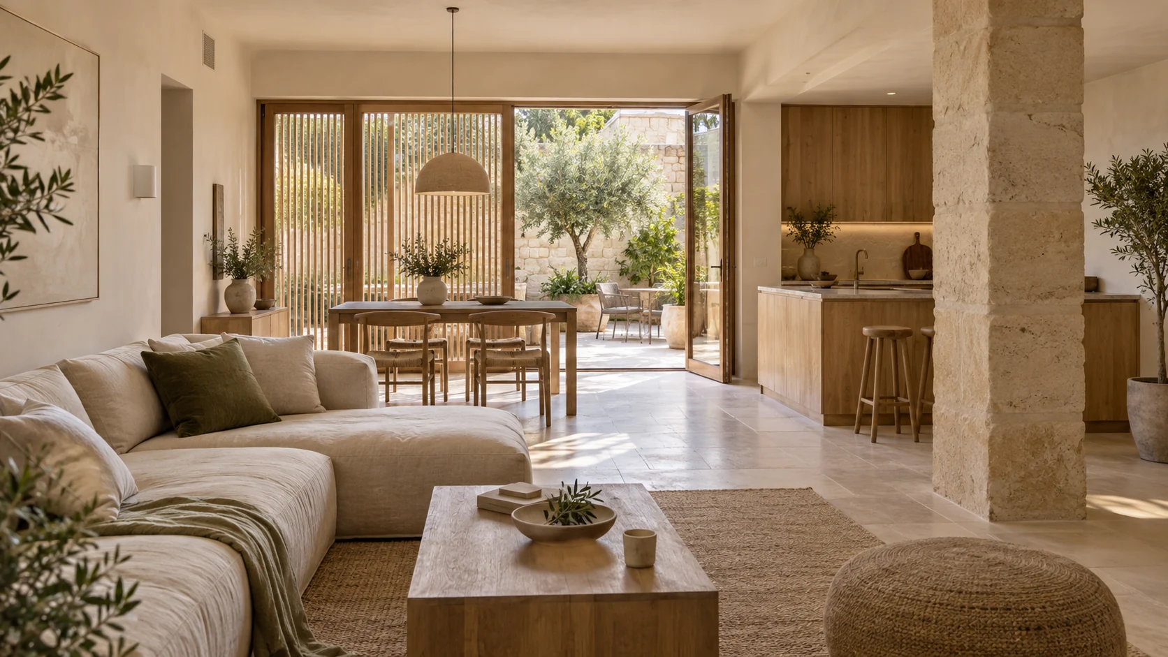 Visualización conceptual de un local transformado en vivienda, con salón, cocina de madera y luz natural desde un patio.