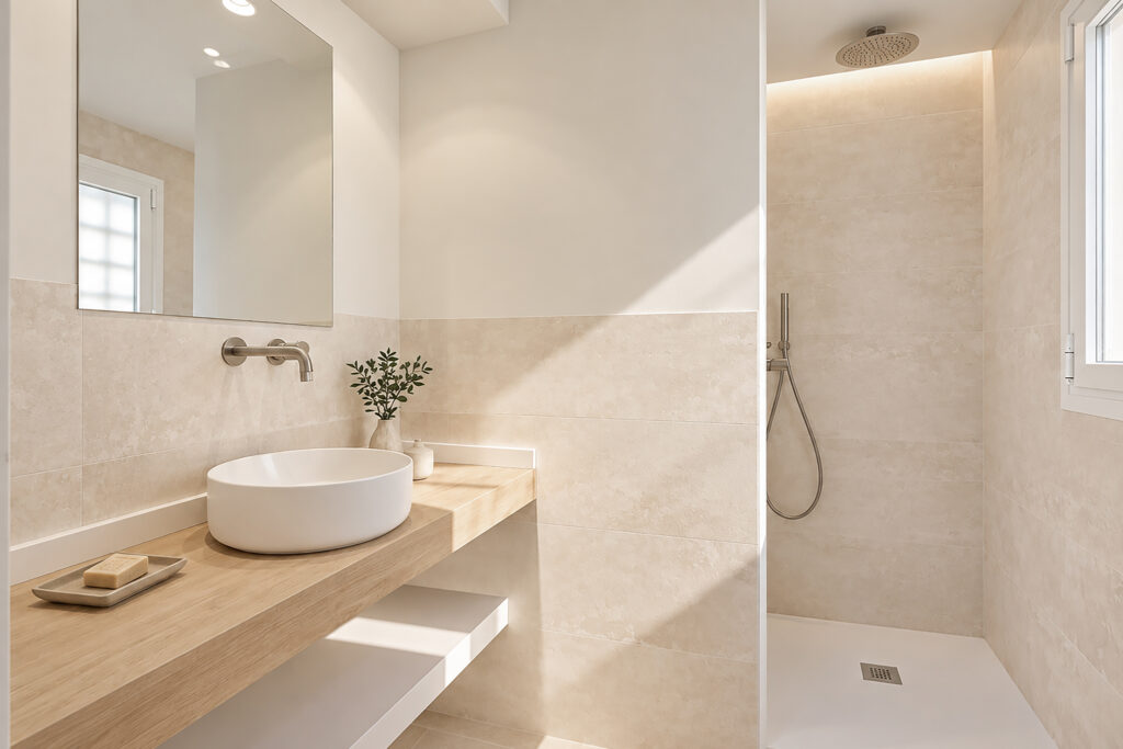 Baño con lavabo sobre encimera y ducha junto a una ventana