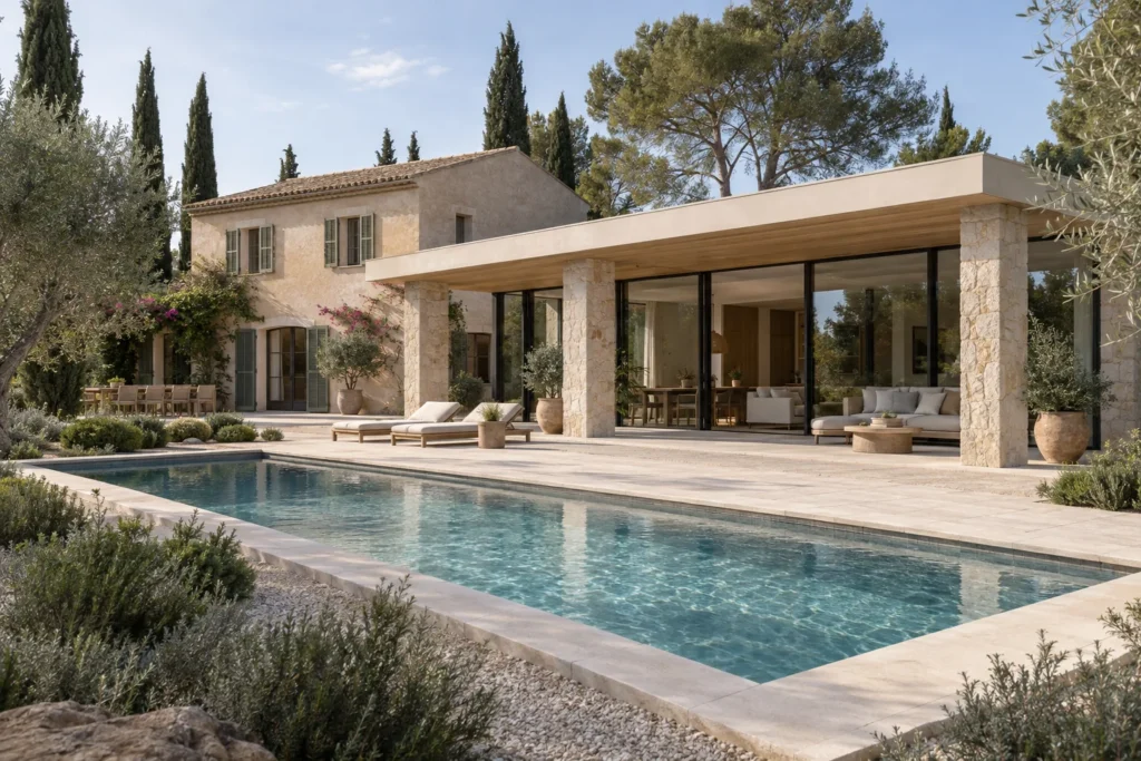 Concepto de ampliación acristalada conectada a una vivienda mediterránea y su piscina