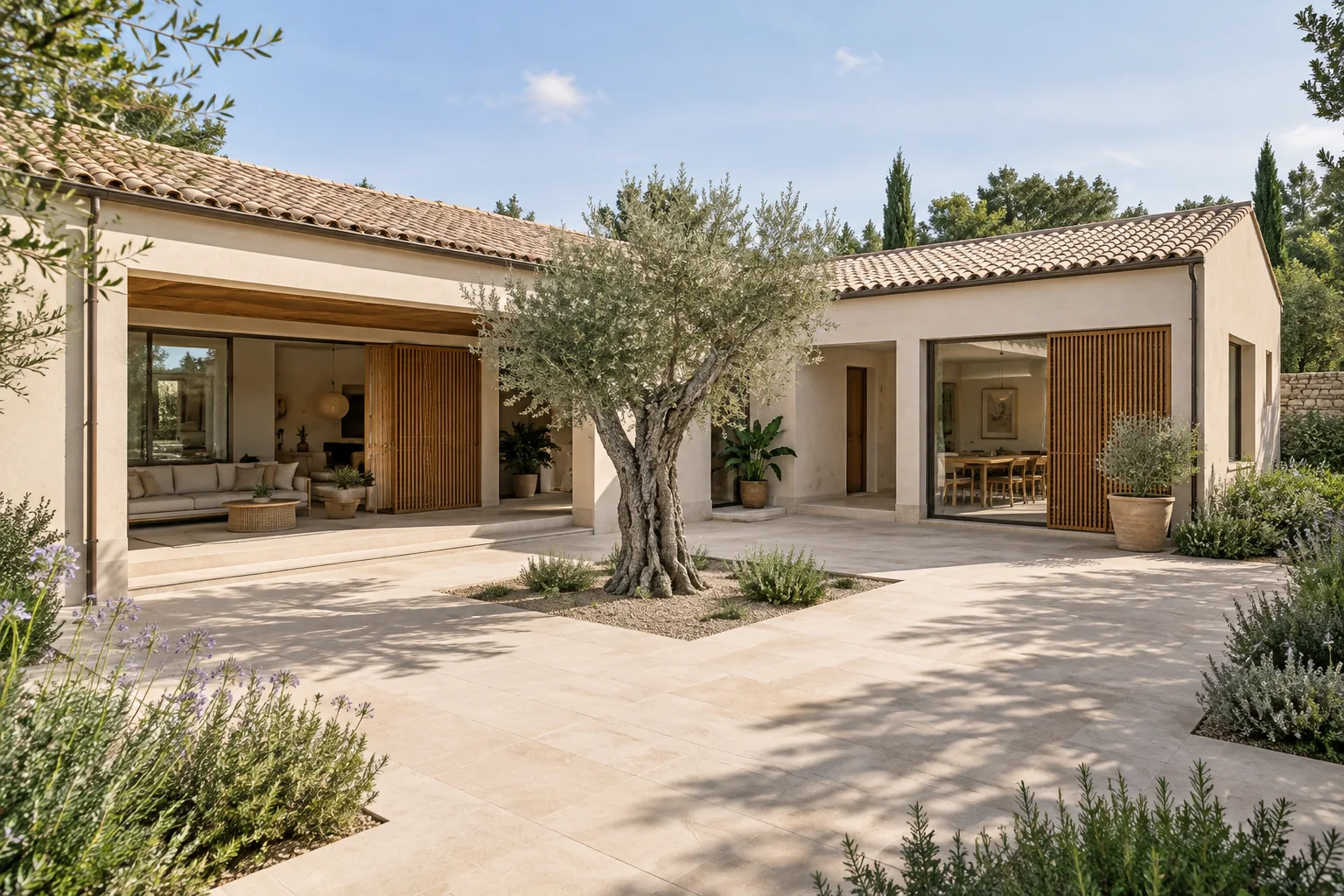Concepto de vivienda de planta baja en torno a un patio con olivo