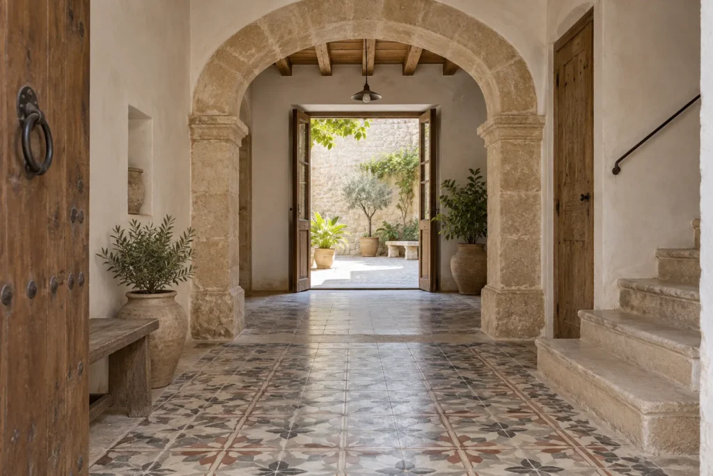 Concepto de casa de pueblo con arco de marés, suelo hidráulico y salida al patio