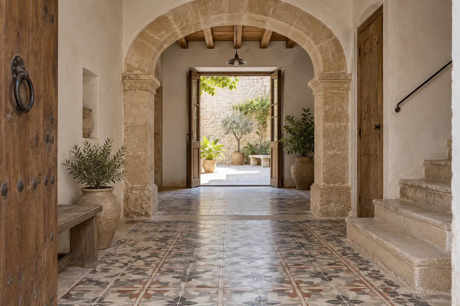 Concepto de casa de pueblo con arco de marés, suelo hidráulico y salida al patio