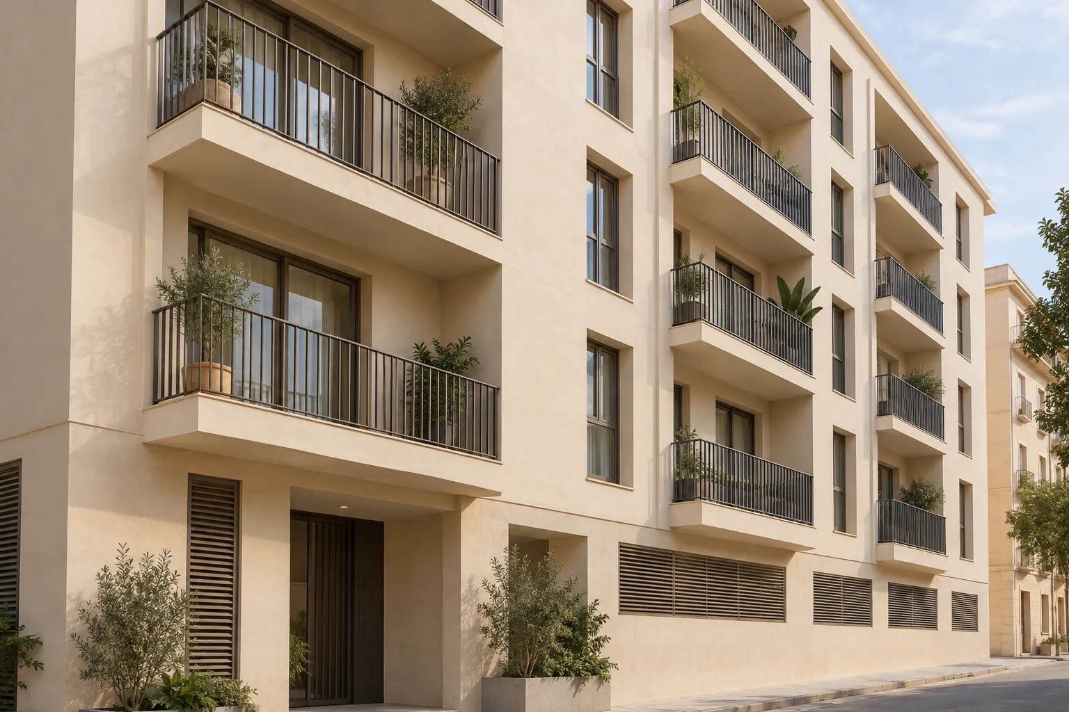 Concepto de edificio residencial con balcones y revestimiento renovado