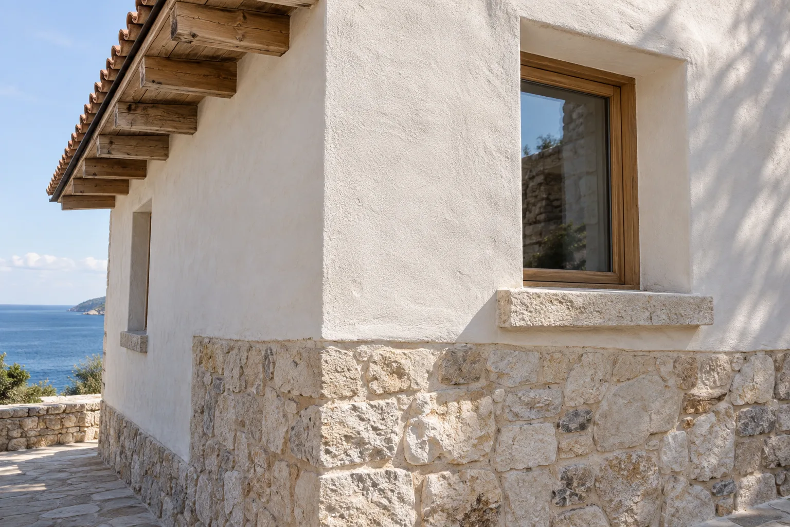 Concepto de fachada de vivienda mediterránea con cal y piedra