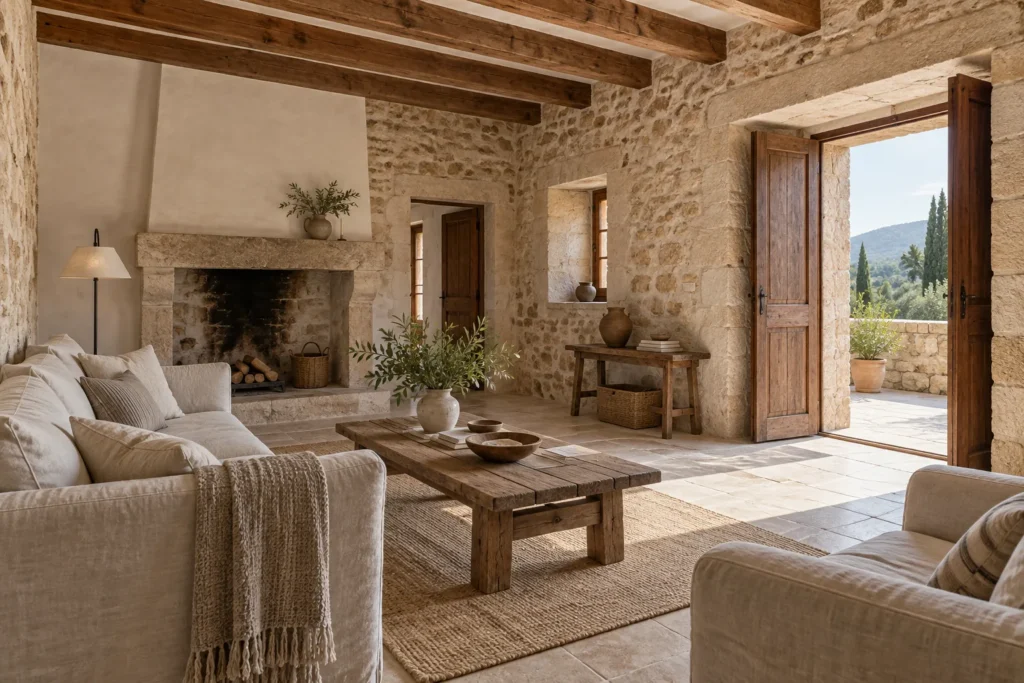 Concepto de salón de finca tradicional con muros de piedra, vigas vistas y carpintería de madera