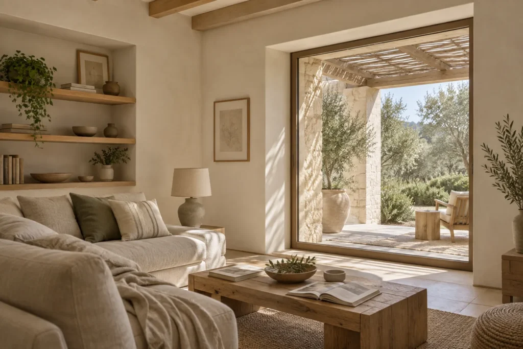 Concepto de salón mediterráneo con hueco profundo y luz filtrada por una pérgola