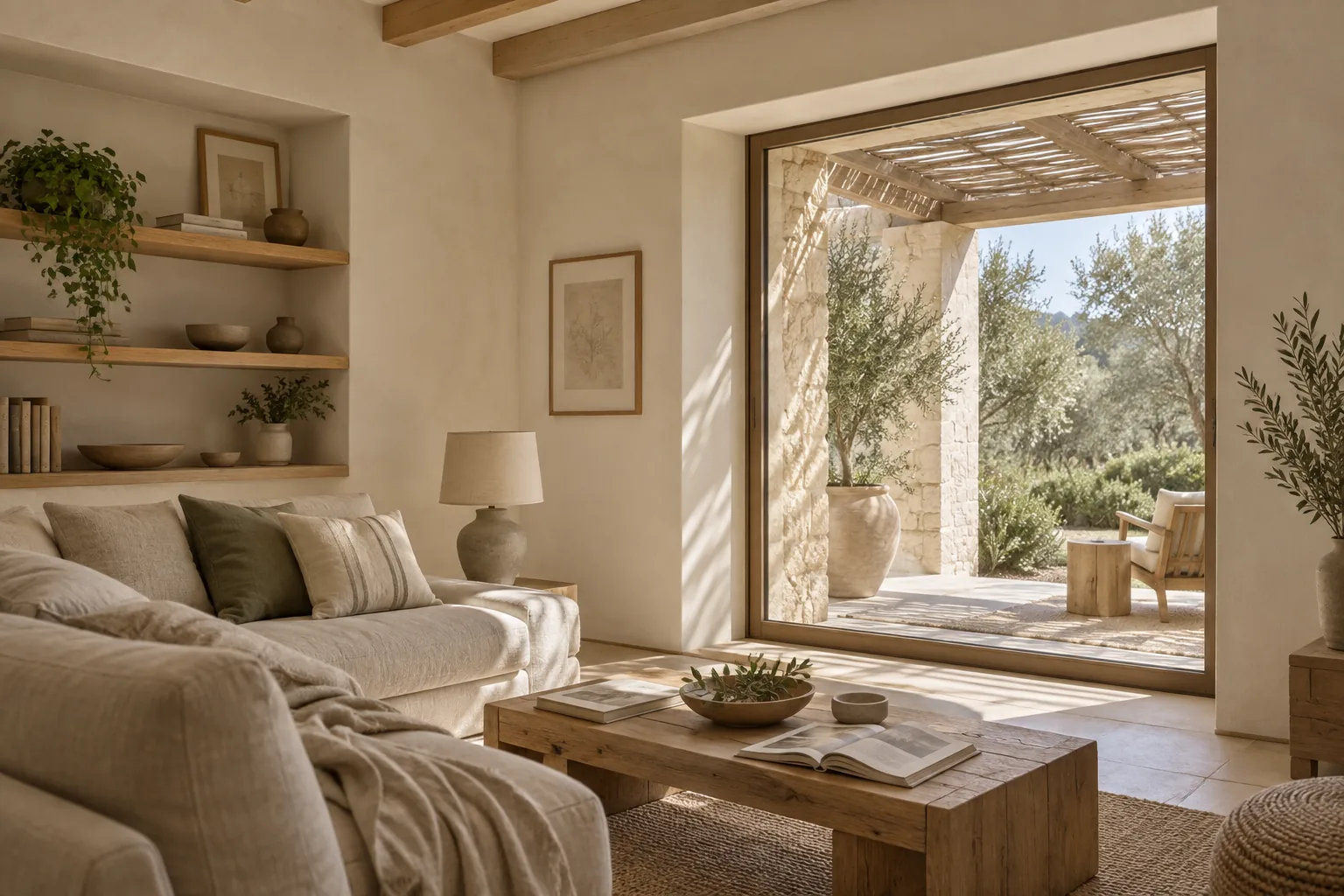 Concepto de salón mediterráneo con hueco profundo y luz filtrada por una pérgola
