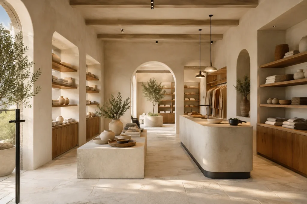 Visualización conceptual de tienda con mostrador, exposición y almacenaje de madera