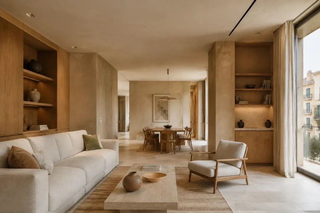 Concepto ilustrativo de salón con piedra clara y carpintería de madera integrada