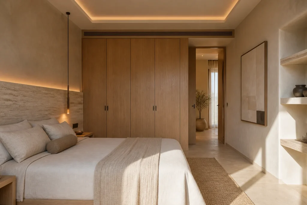 Concepto ilustrativo de dormitorio con luz indirecta y armarios enrasados de madera