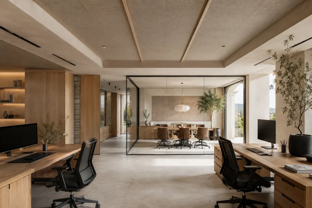Visualización conceptual de oficina con puestos de trabajo y sala de reuniones acristalada