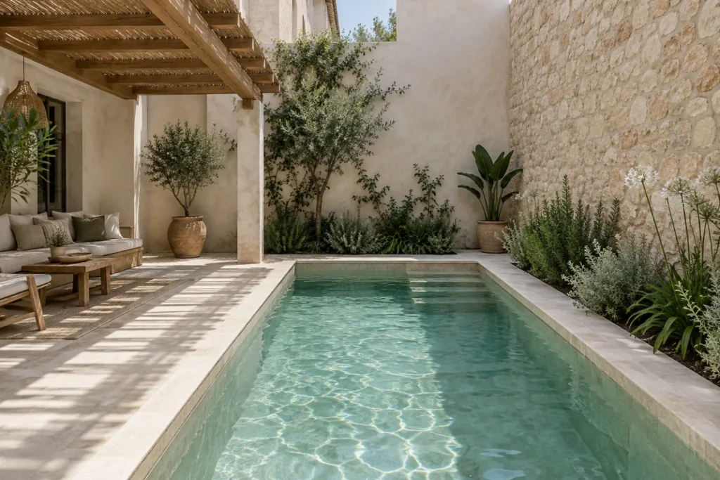 Concepto de piscina compacta en un patio con muro de piedra, vegetación y pérgola