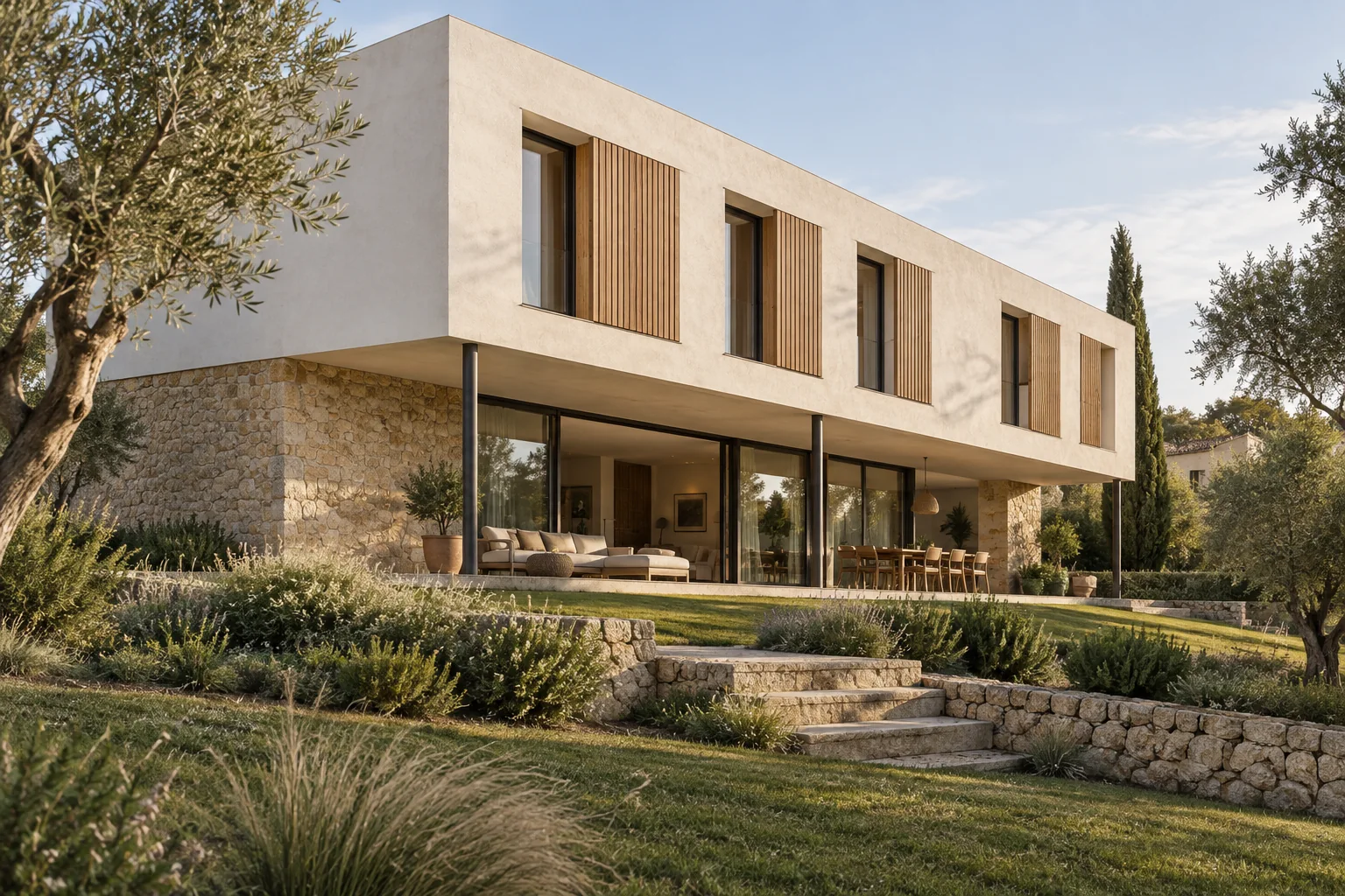 Concepto de villa de dos plantas con terraza sombreada y jardín en ligera pendiente