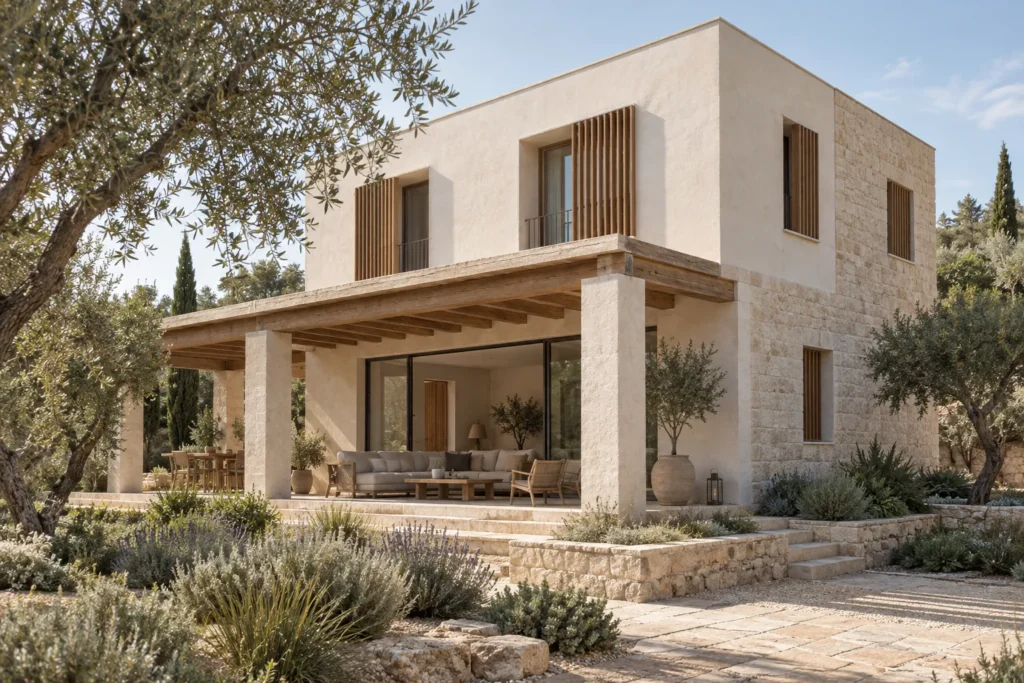 Concepto de vivienda mediterránea con porche profundo, piedra y protecciones solares de madera