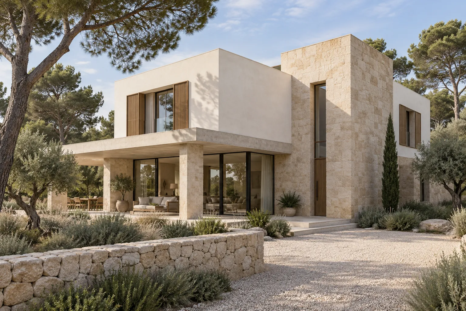 Concepto de vivienda unifamiliar con piedra y porche