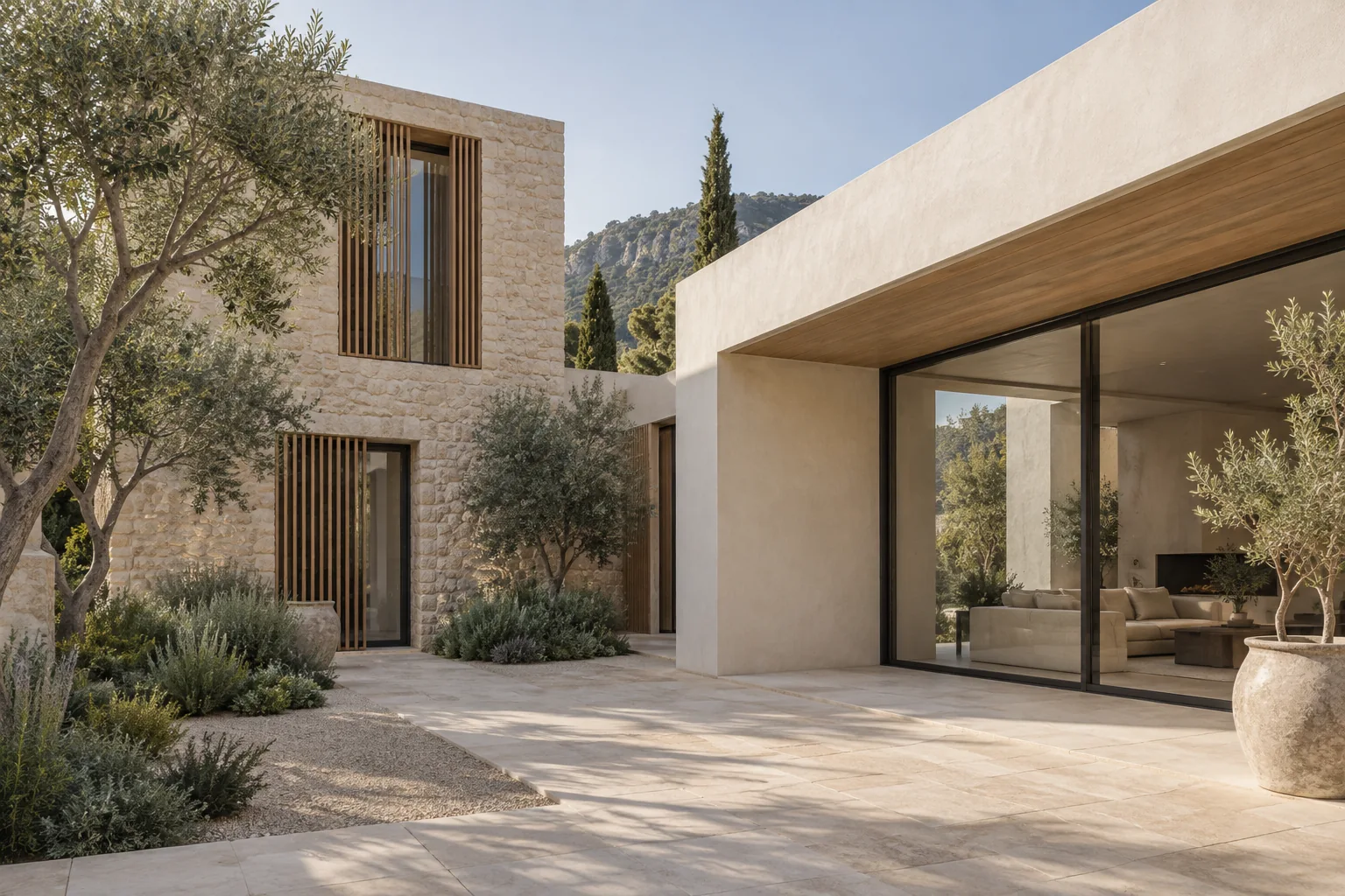 Concepto de vivienda contemporánea con patio, piedra caliza y celosías de madera
