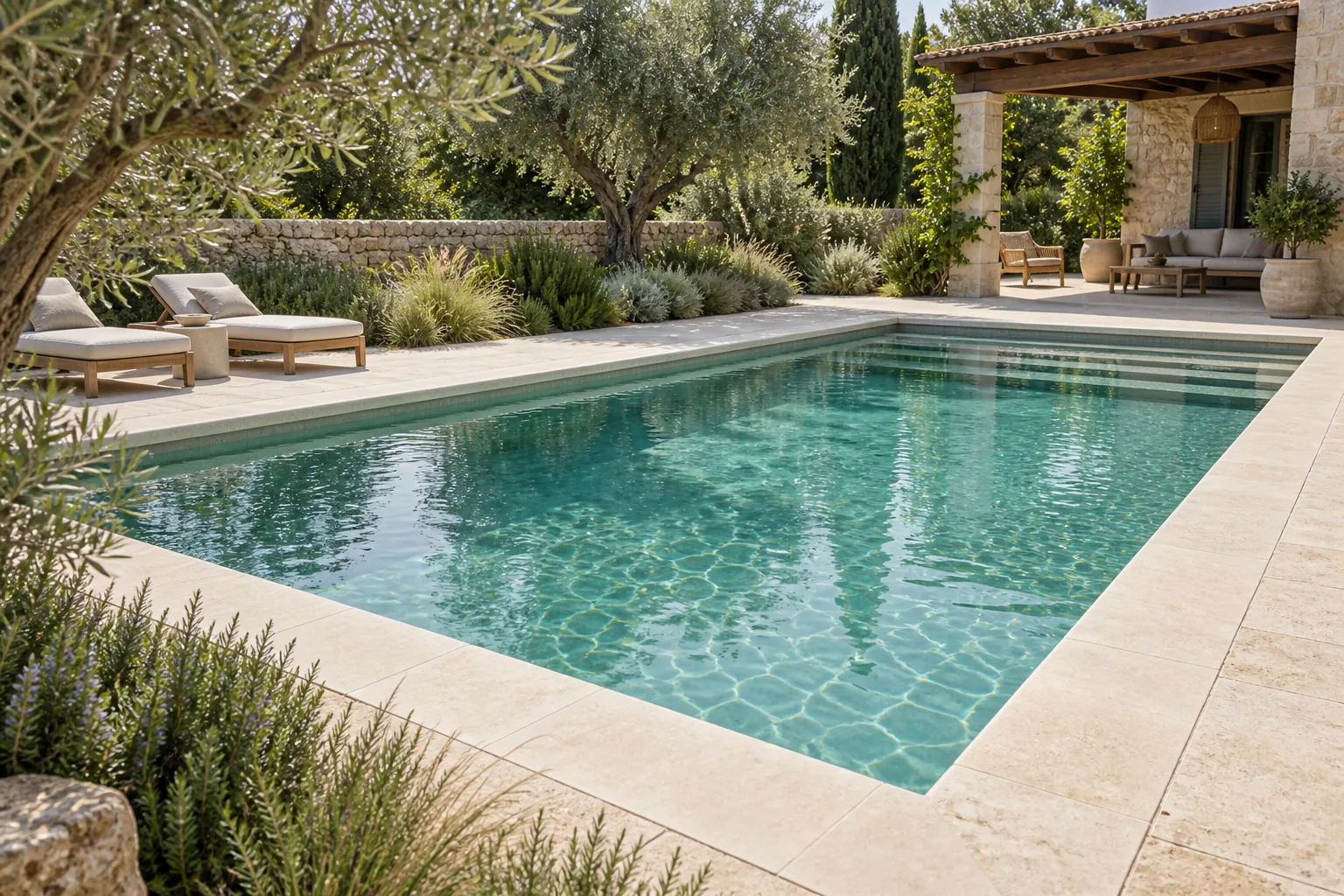 Concepto de piscina rectangular con coronación clara en un jardín mediterráneo
