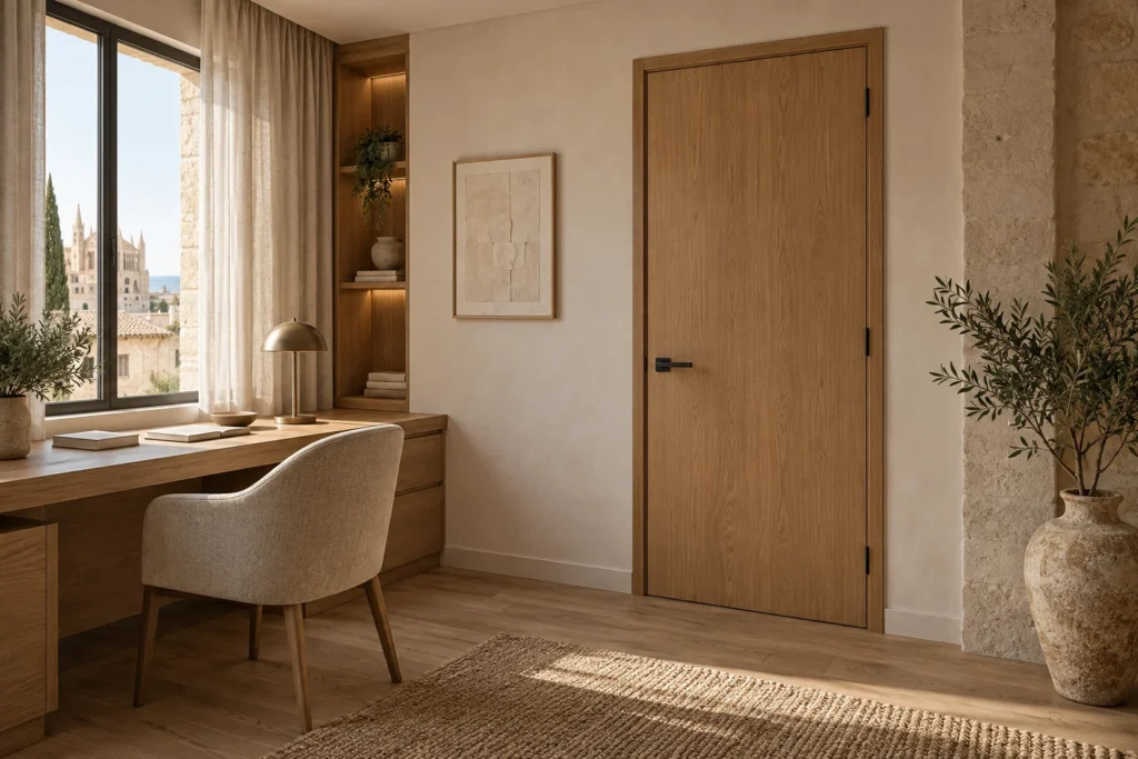 Concepto de despacho con puerta de madera cerrada, mesa integrada y acabados minerales