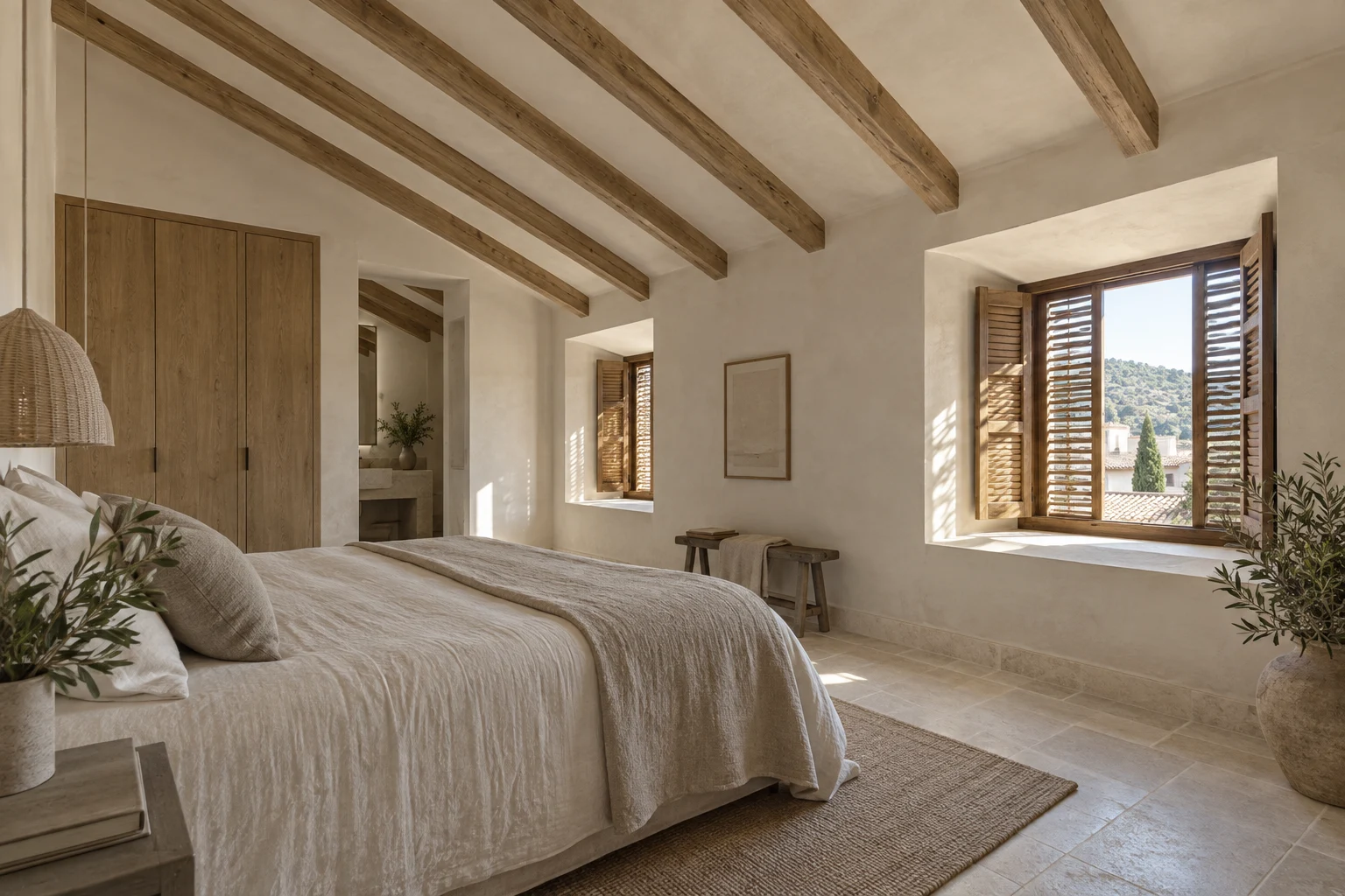 Concepto de dormitorio mallorquín bajo cubierta, con muros minerales y persianas de madera
