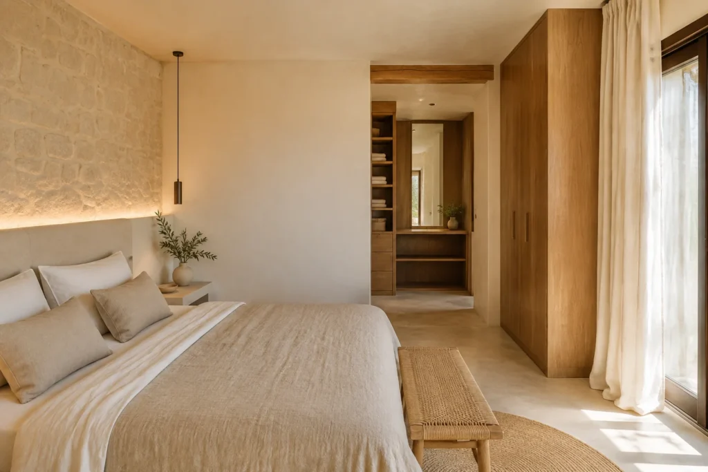Concepto ilustrativo de dormitorio con vestidor integrado y luz indirecta