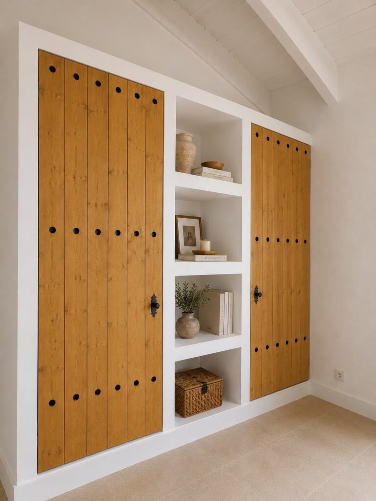 Armarios de madera a medida con estantes abiertos integrados entre las puertas