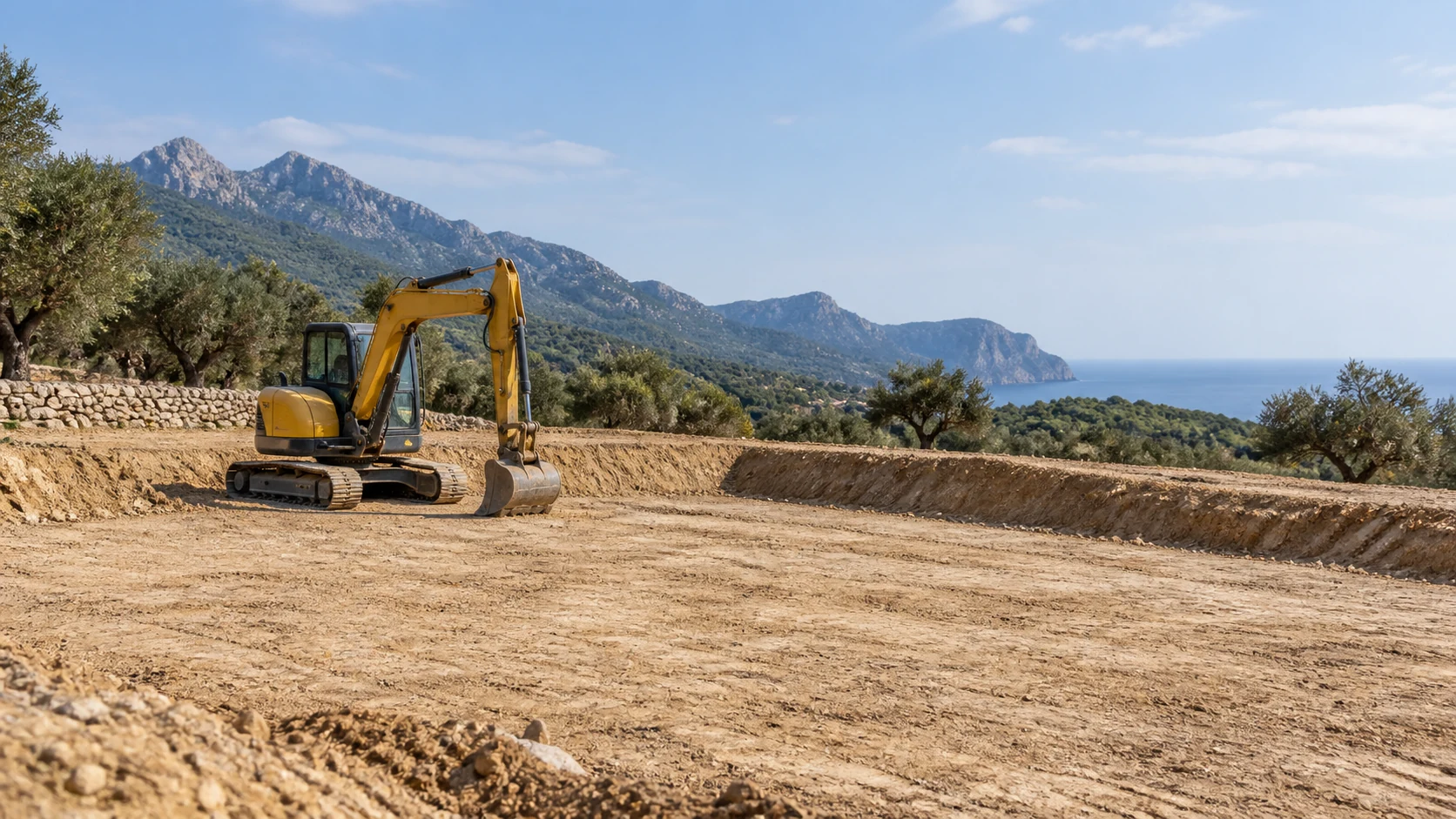 Escena conceptual de una excavadora y una plataforma de tierra en un entorno mediterráneo