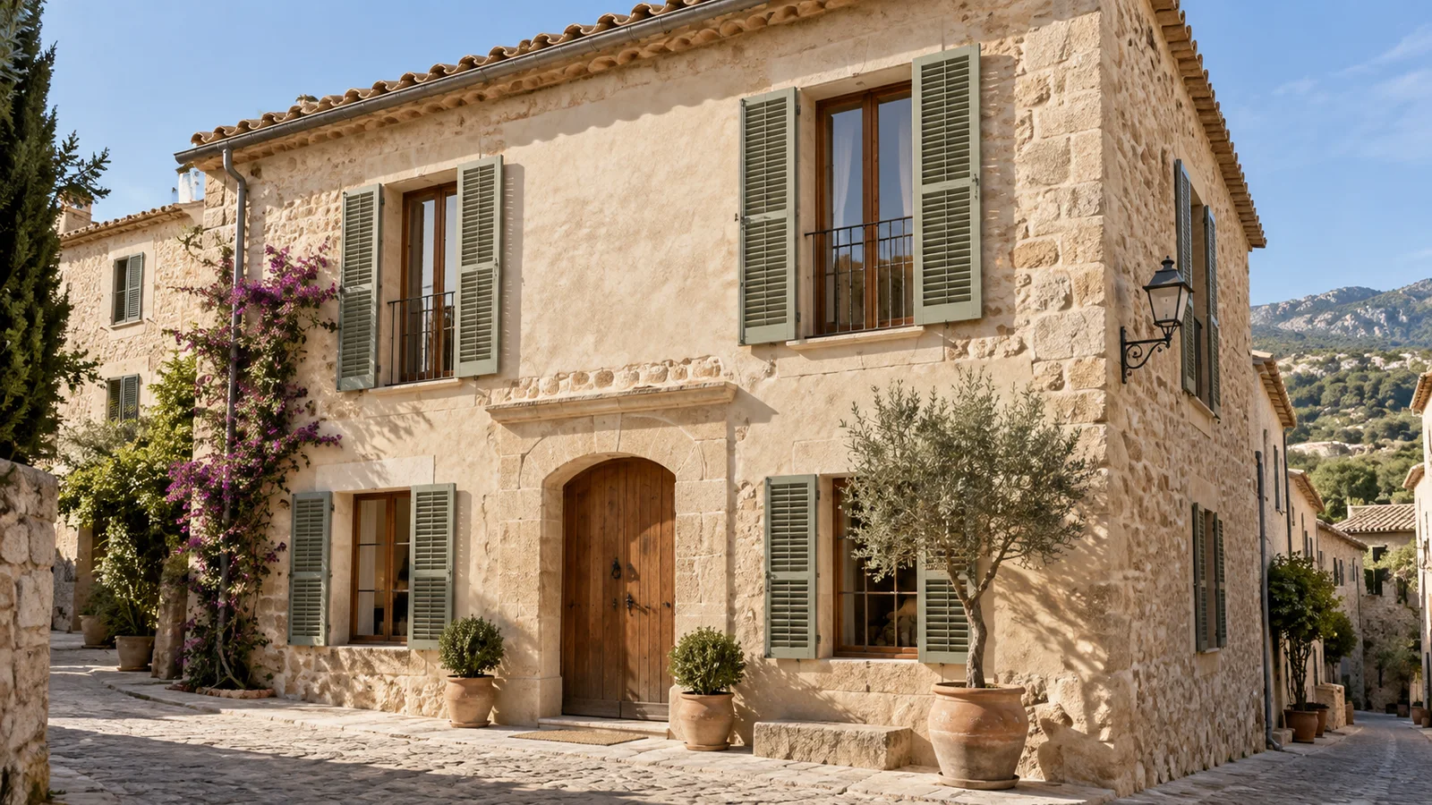 Concepte de façana tradicional restaurada amb pedra i finestrons