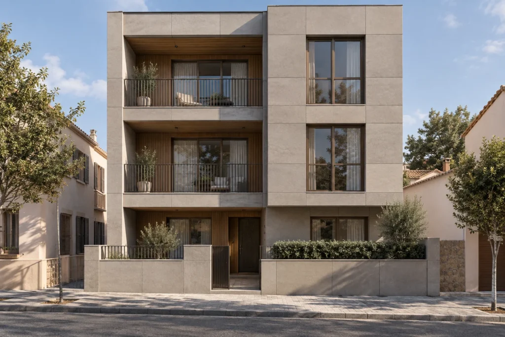 Concepto residencial con paneles minerales, juntas regulares y balcones de acabado cálido