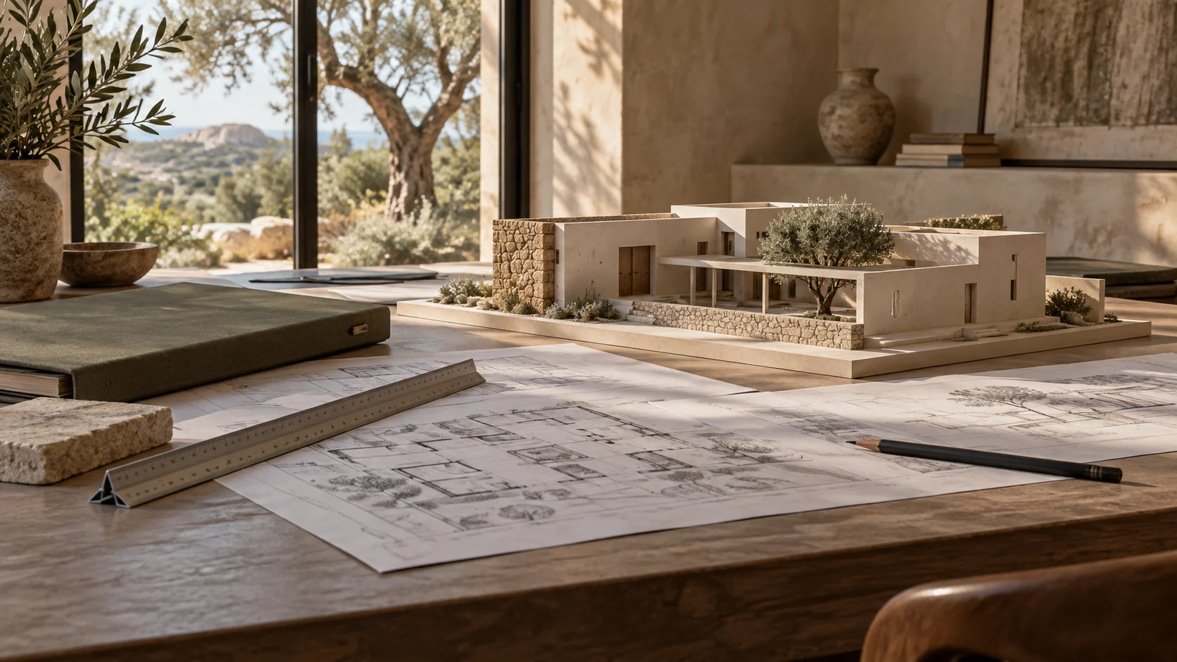Escena conceptual de un estudio de arquitectura con planos y documentación para organizar una obra