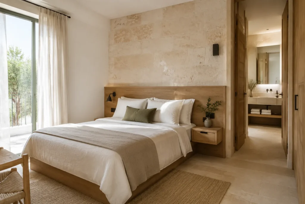 Concepto de habitación de hotel con cabecero de madera, piedra clara y acceso al baño