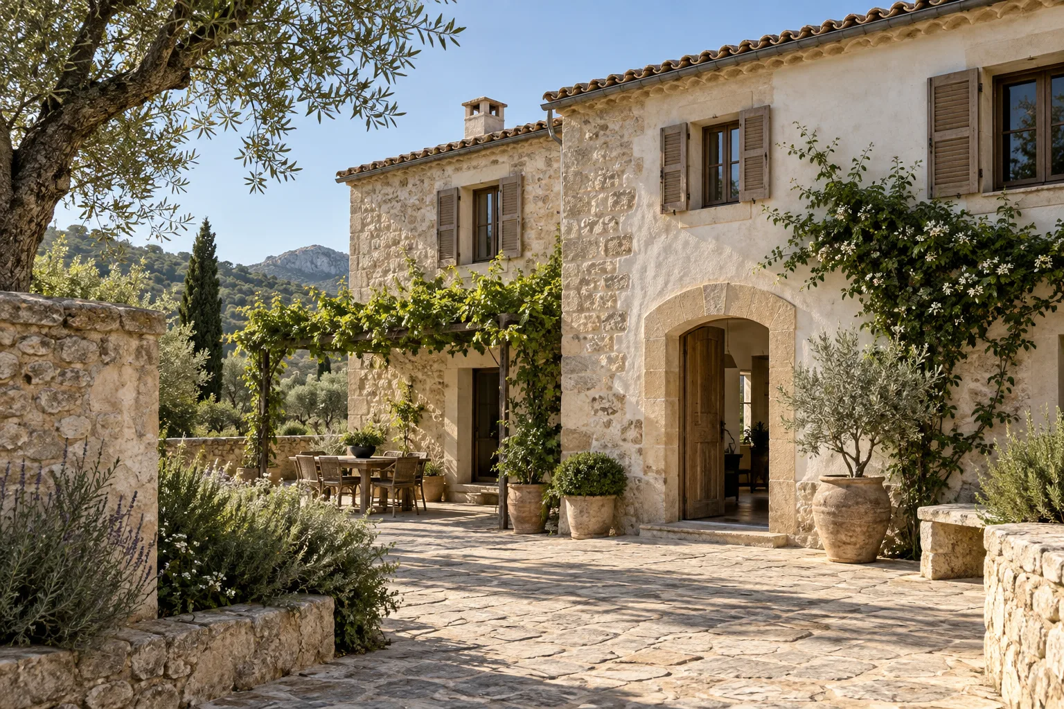 Concepto de finca mallorquina rehabilitada con piedra, cal y persianas de madera