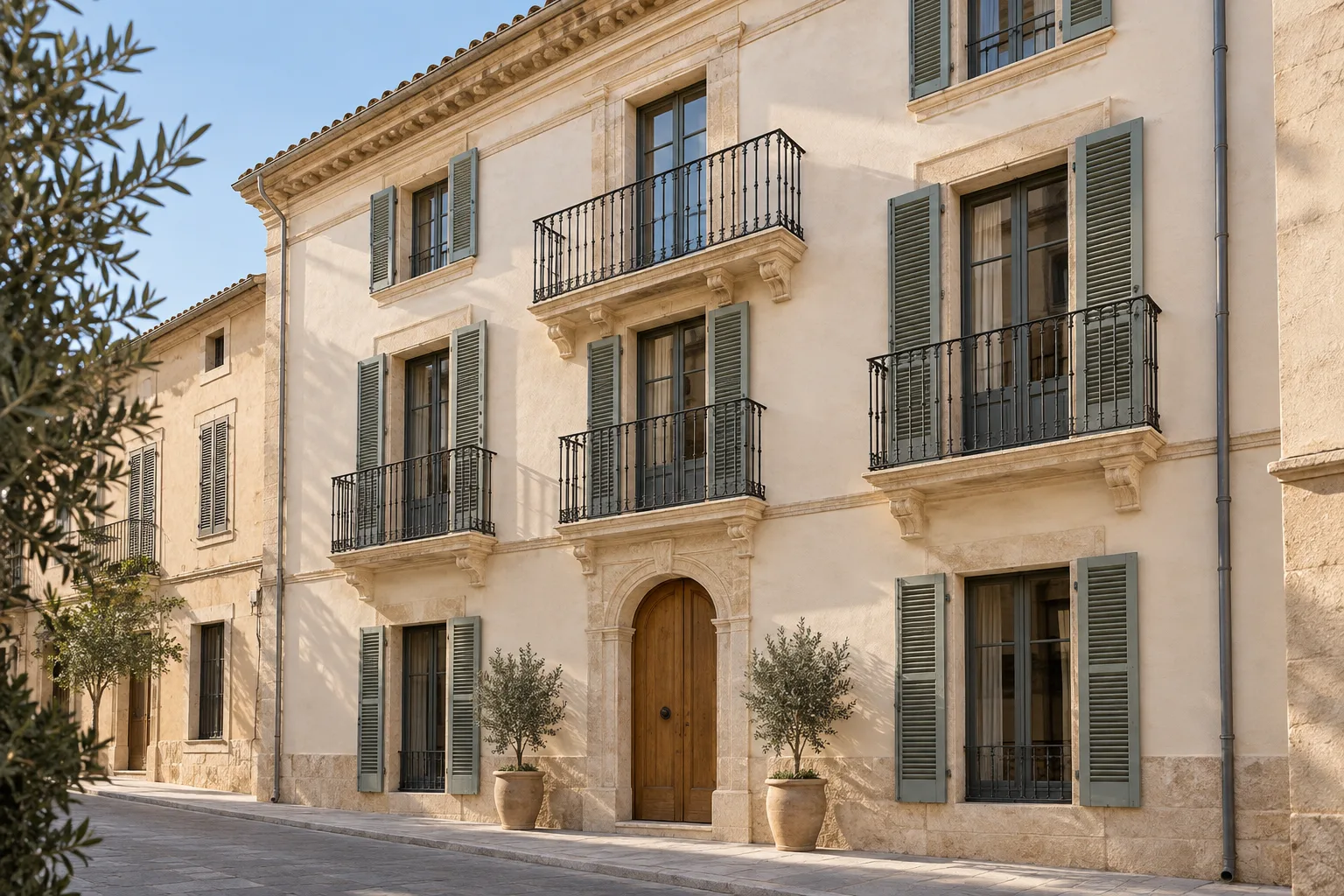 Concepto de fachada tradicional con revoco de cal, balcones y contraventanas