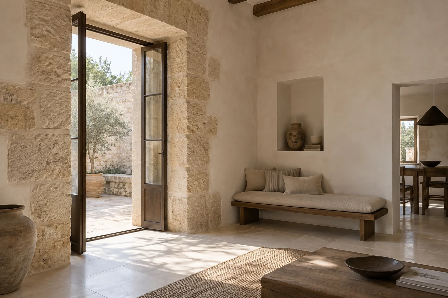Referencia de interior mallorquín con muros minerales y apertura a un patio
