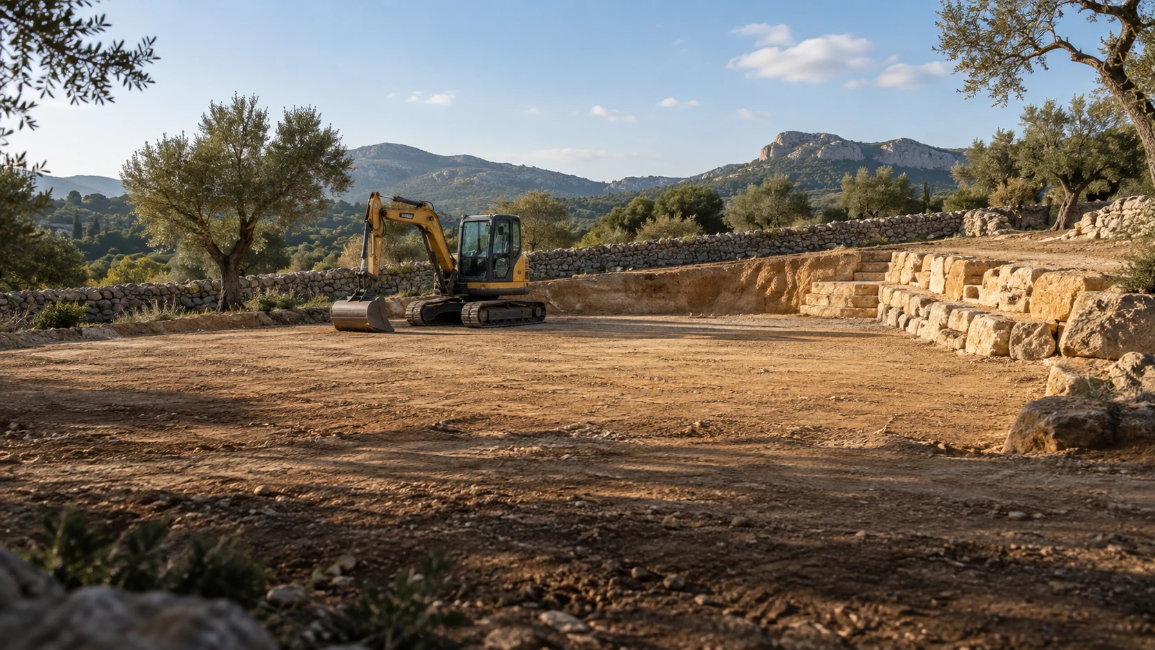 Visualización conceptual de una parcela preparada para obra, con una excavadora estacionada, piedra caliza y olivos.