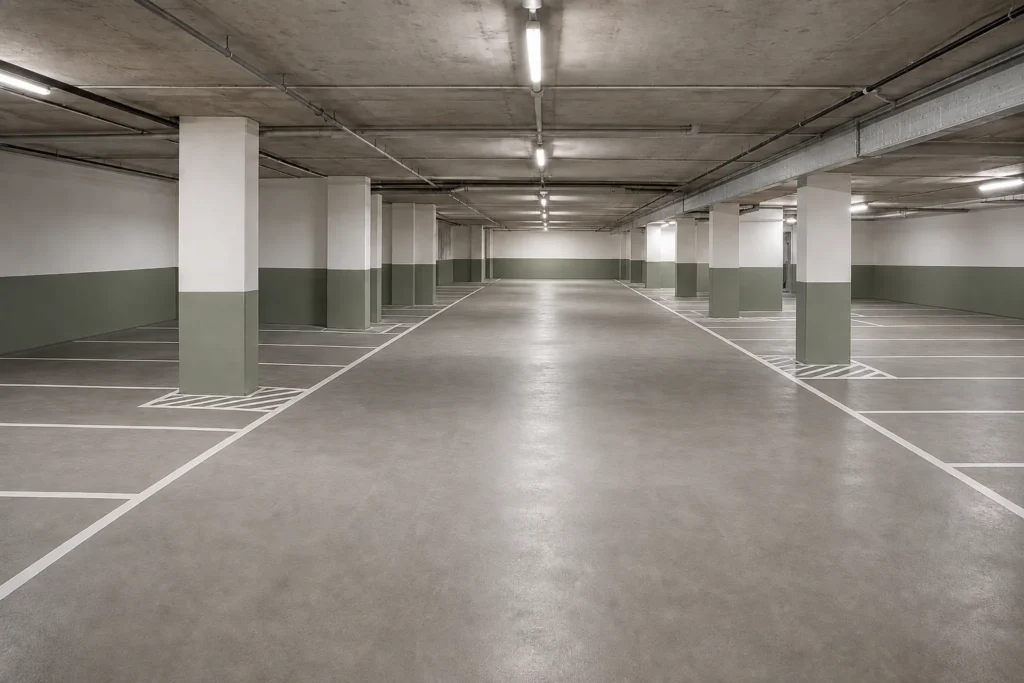 Concepto de parking comunitario con pavimento gris, pilares claros y plazas delimitadas