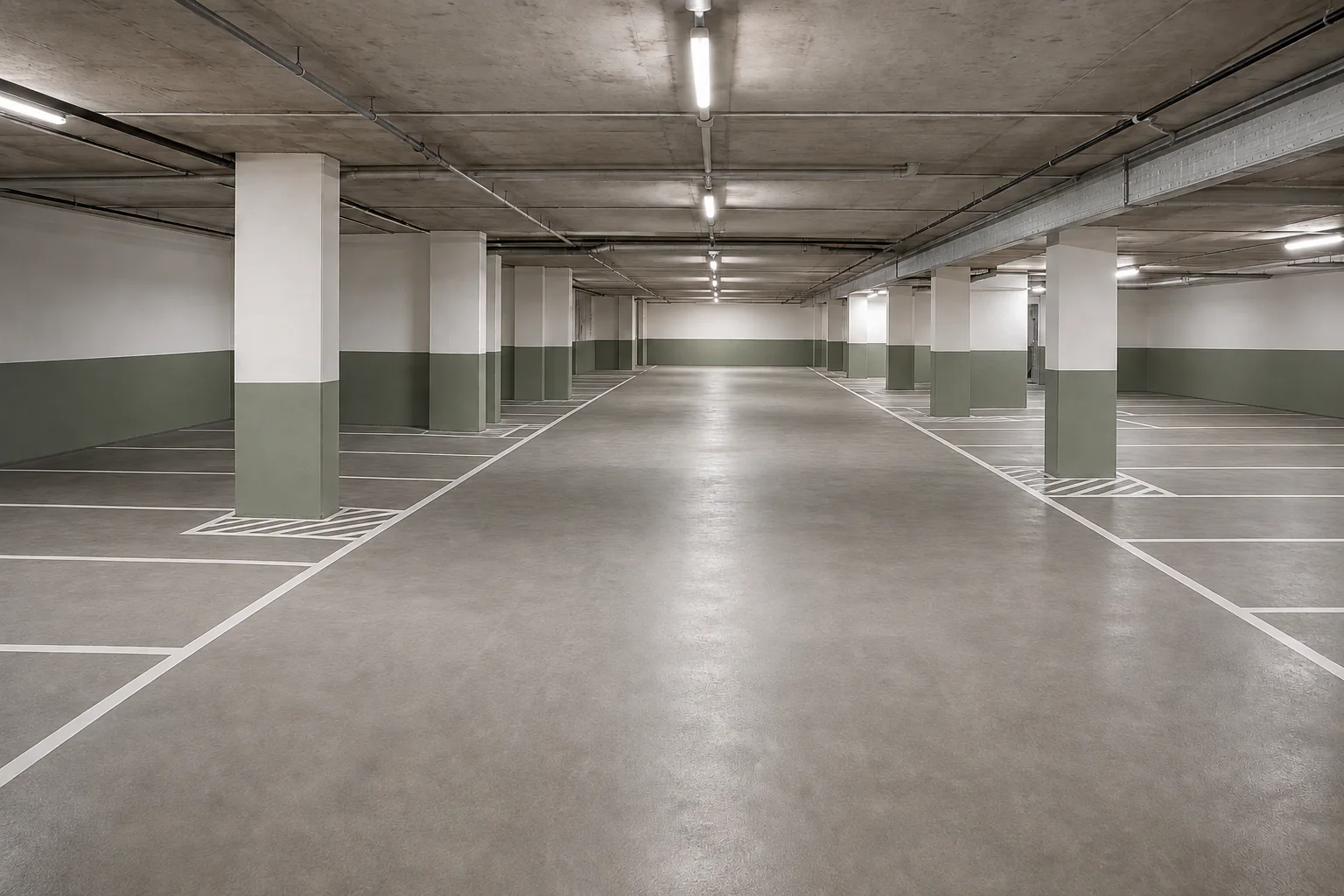 Concepto de parking comunitario con pavimento gris, pilares claros y plazas delimitadas