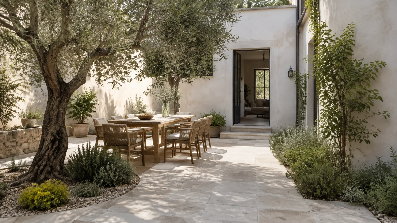 Patio de piedra clara con comedor exterior y vegetación