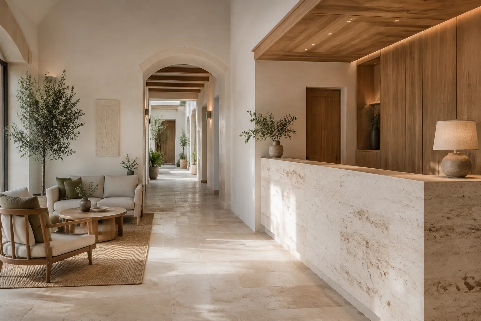 Concepto de recepción de hotel con mostrador de piedra, madera y zona de estar