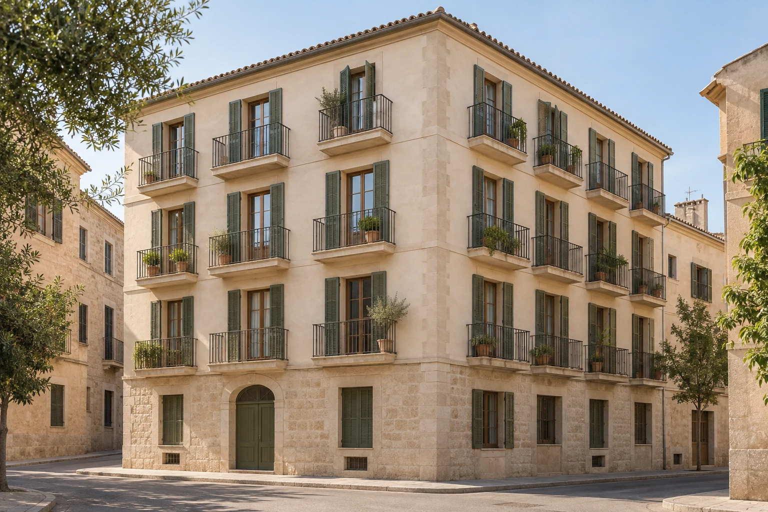 Referencia arquitectónica de un edificio mediterráneo con revoco claro, piedra y balcones
