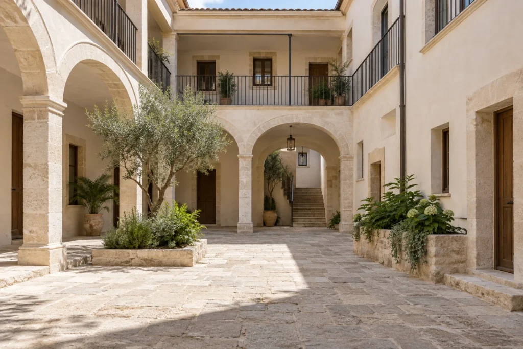 Concepto de patio comunitario con arcos de piedra, galerías y vegetación