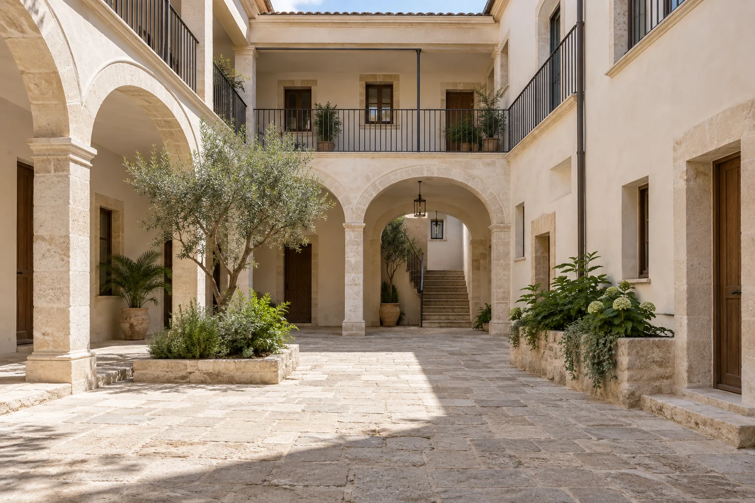 Concepto de patio comunitario con galerías, arcos de piedra y vegetación contenida