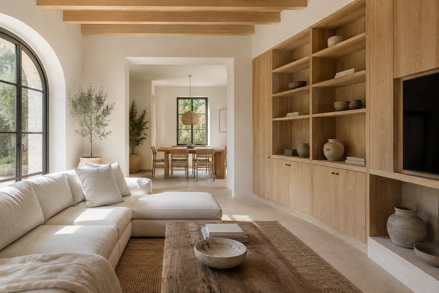 Concepto ilustrativo de salón con biblioteca de madera y comedor