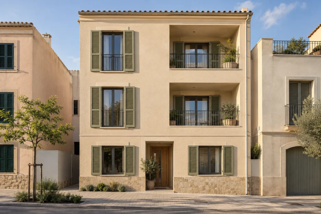 Concepto de fachada residencial con revoco cálido, contraventanas y balcones