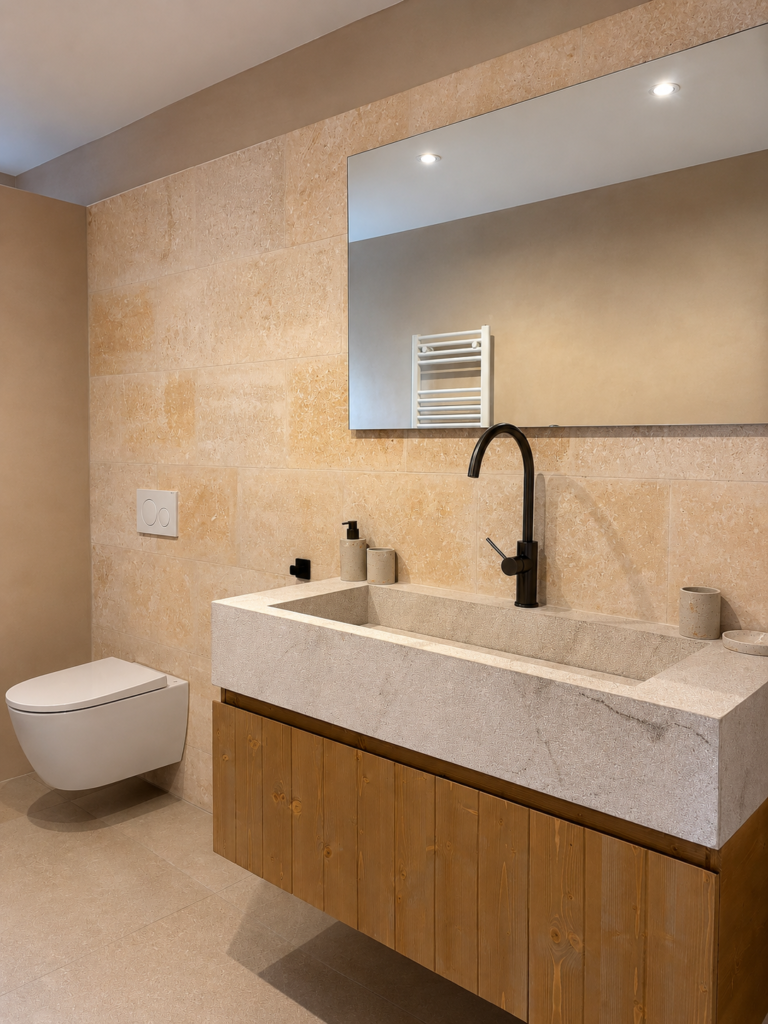 Baño con lavabo rectangular, mueble de madera y revestimiento en tonos piedra
