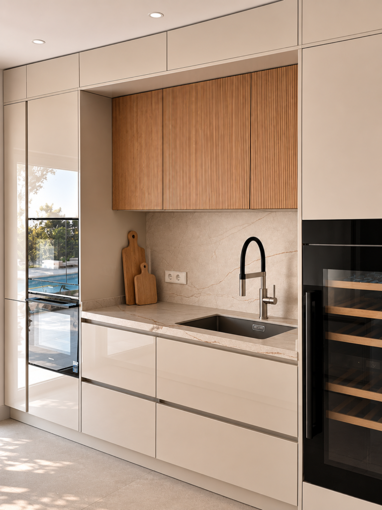 Cocina de frentes claros con muebles superiores ranurados y fregadero integrado