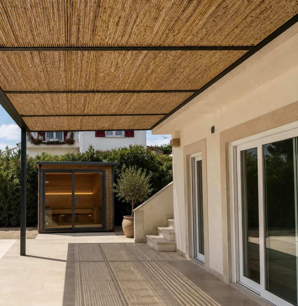 Terraza de S’Embat bajo una pérgola de cañizo, con la sauna al fondo