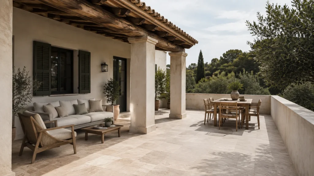 Concepto de terraza con zona de estar bajo porche y comedor exterior